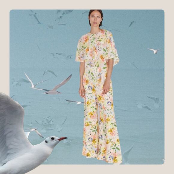 ZARA Floral Cape Blouse Top Womens Small Yellow Peach Short Sleeve Chiffon Sheer - Picture 6 of 13